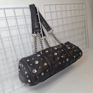 Small Goth Barrel Bag Satchel, Studs Chain Handles Jeweled PU Leather Zipper